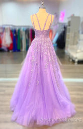 A-Line Lilac Tulle Evening Prom Dresses Violet V-Neck Formal Evening Dresses Uk
